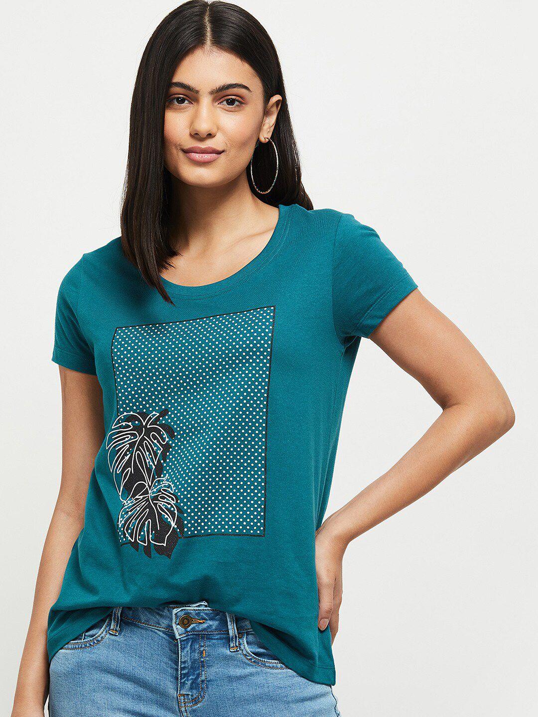 max-women-teal-printed-cotton-t-shirt