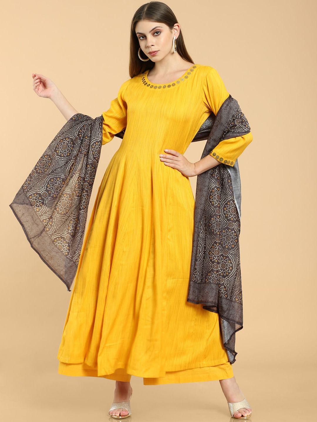 soch-women-yellow-&-maroon-regular-kurta-with-churidar-&-with-dupatta
