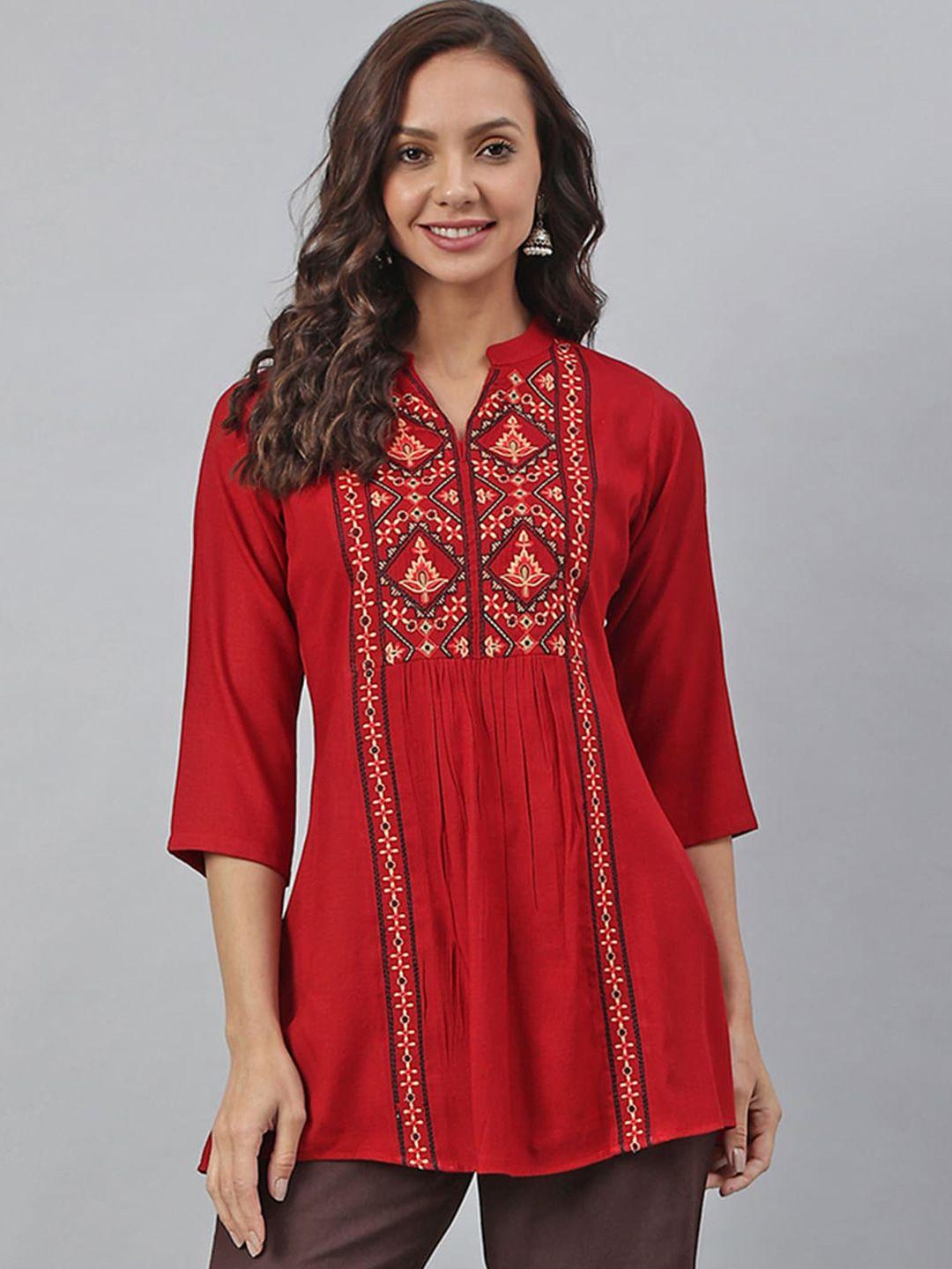janasya-women-maroon-rayon-slub-embroidered-a-line-tunic