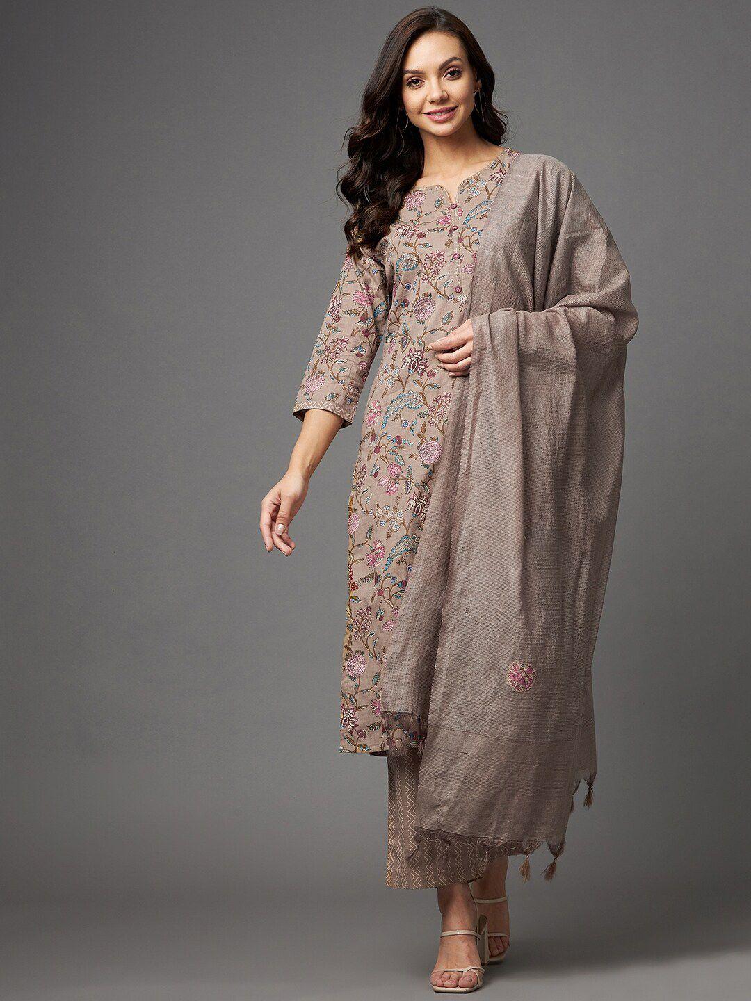 azira-women-brown-floral-embroidered-pure-cotton-kurta-with-trousers-&-dupatta