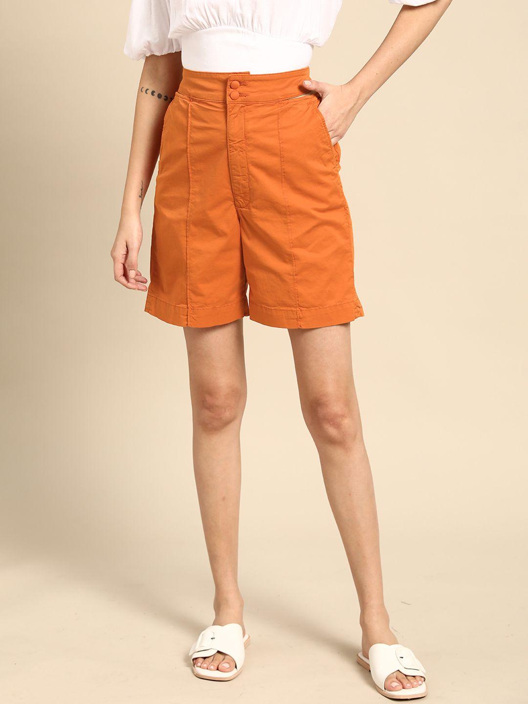 oxxo-women-rust-orange-solid-high-rise-cut-out-detail-bohemian-woven-shorts