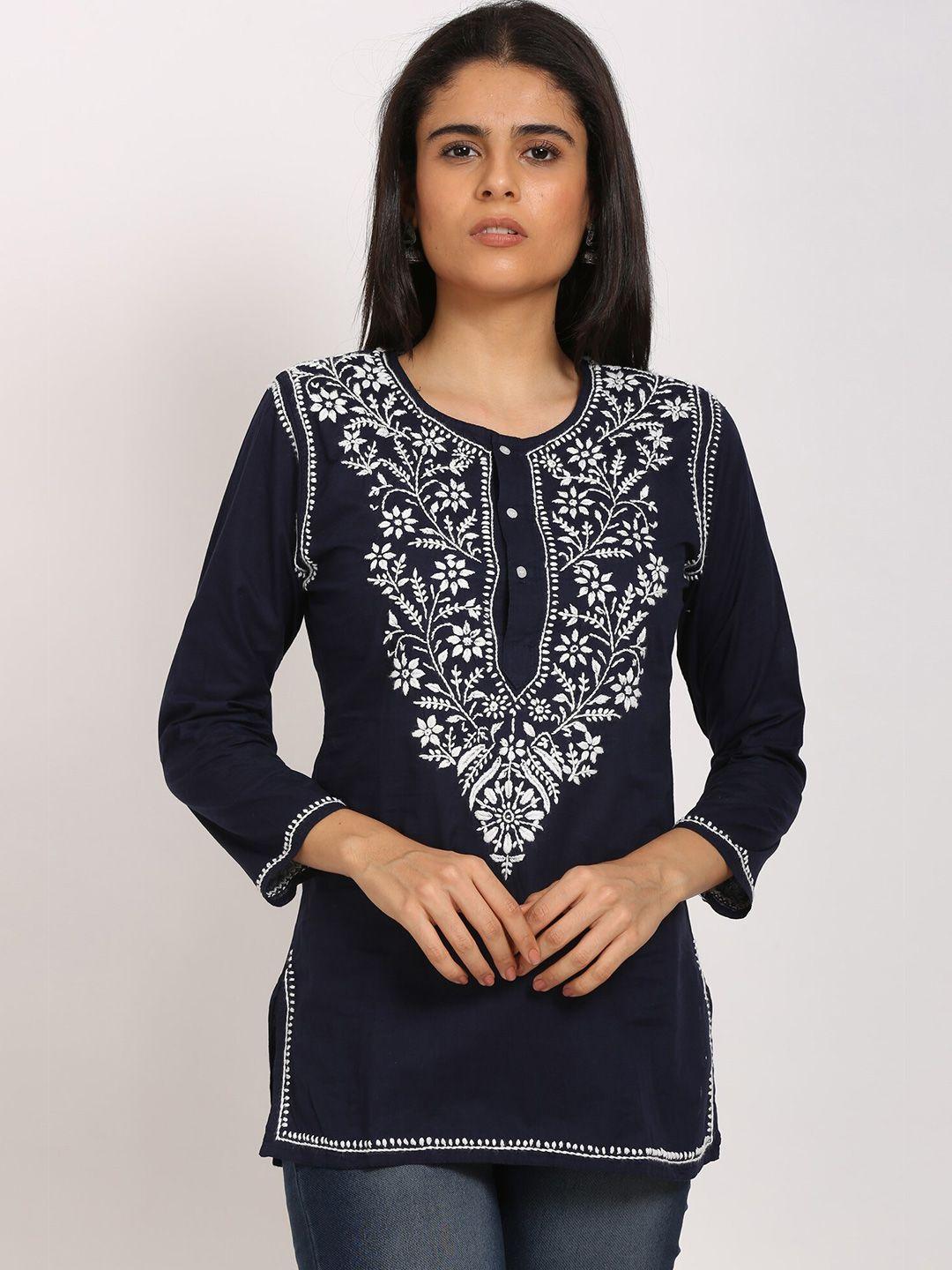 paramount-chikan-navy-blue-ethnic-motifs-embroidered-chikankari-pure-cotton-chikankari-kurti