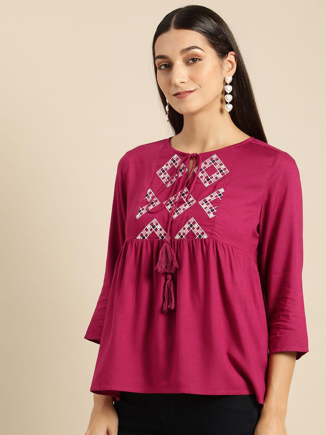 all-about-you-women-magenta-embroidered-tie-up-neck-empire-top