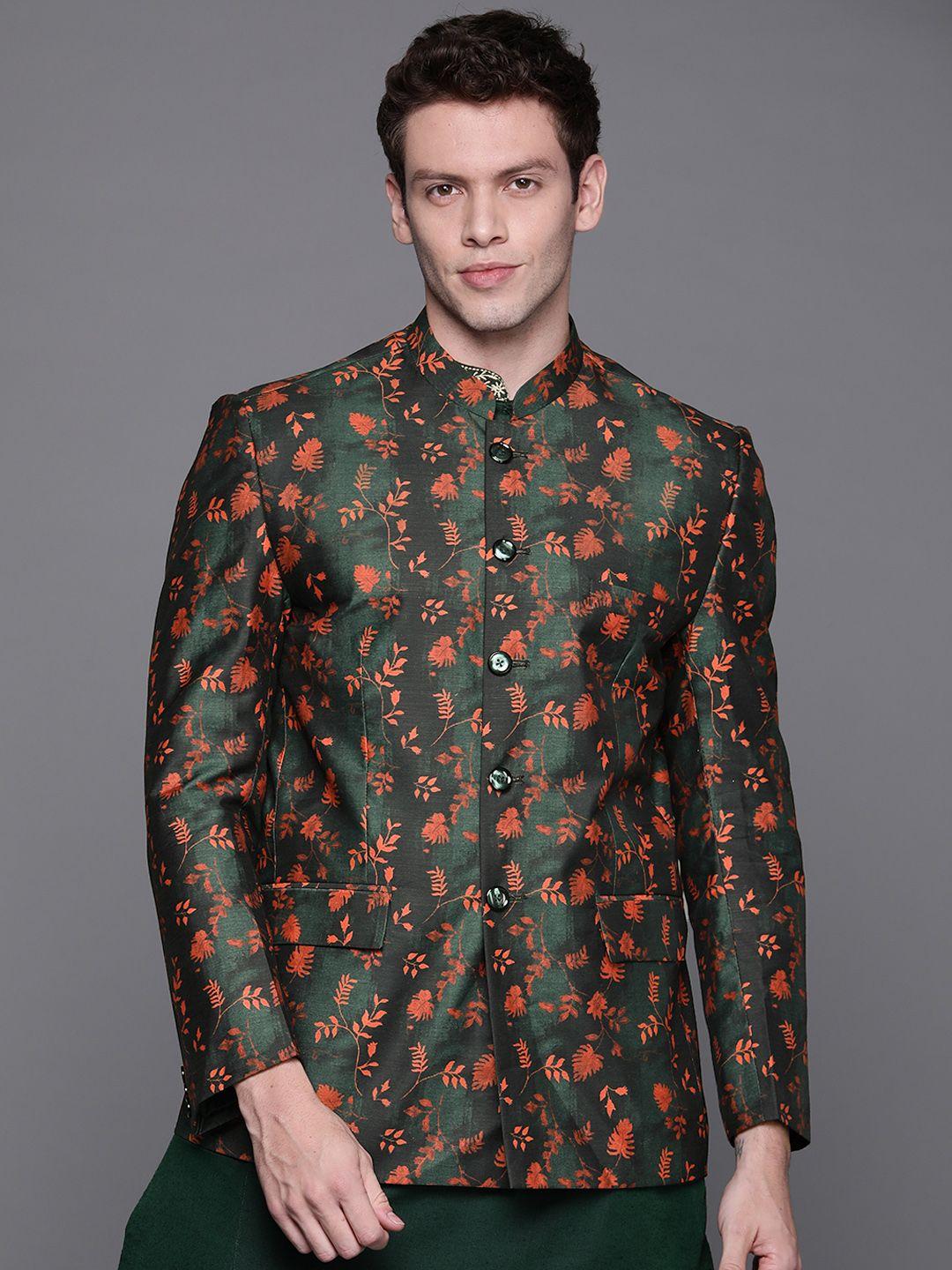 deyann-men-orange-&-teal-green-printed-bandhgala-blazer