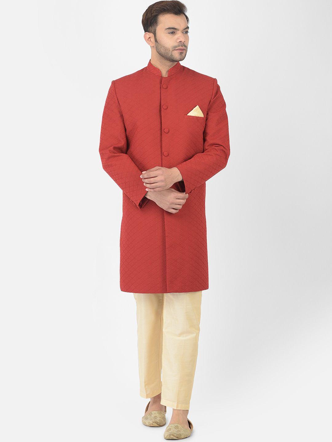 deyann-men-red-&-cream-coloured-chikankari-embroidered-cotton-sherwani-set