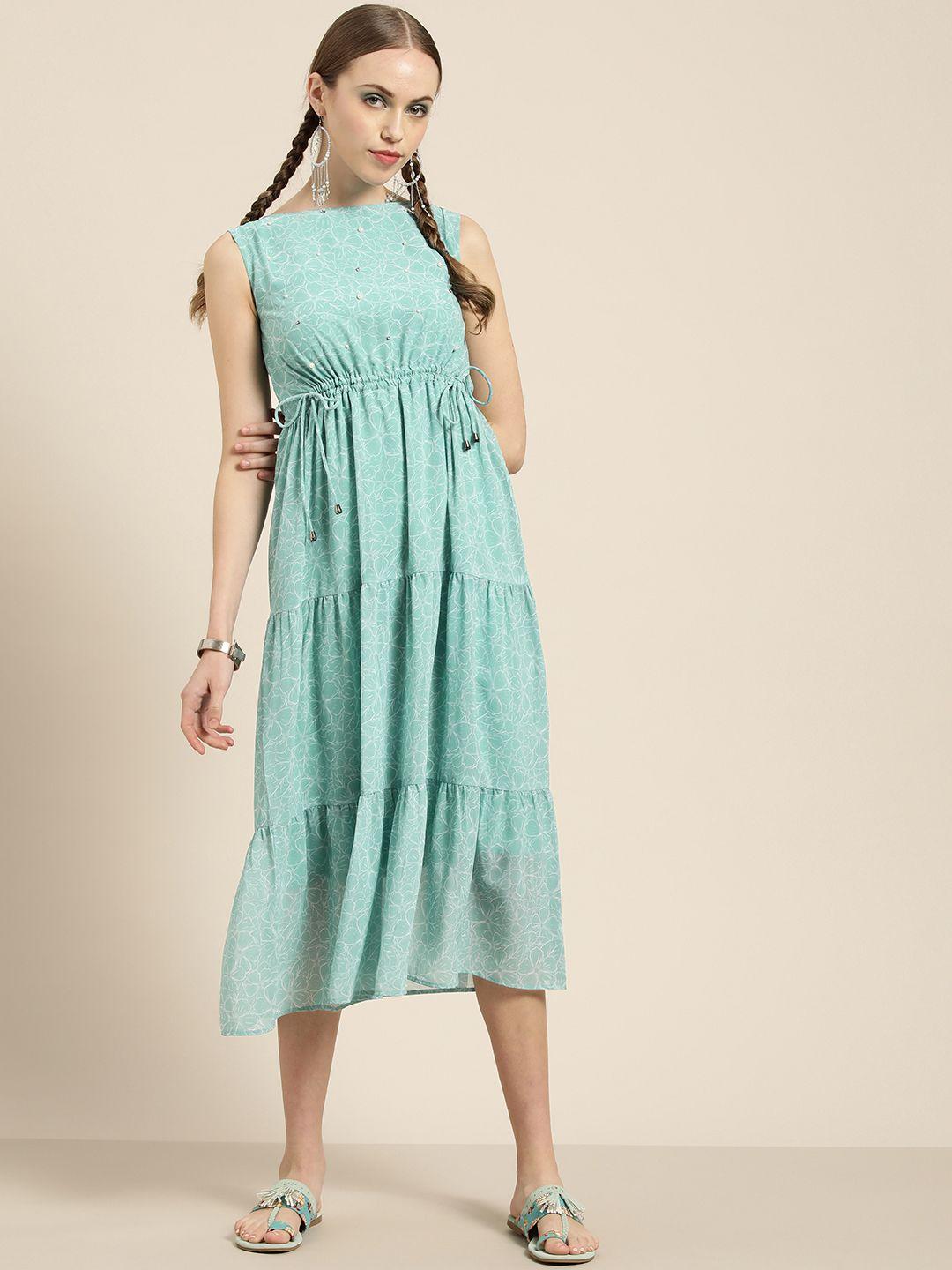 sangria-women-sea-green-&-white-floral-printed-ethnic-a-line-dress