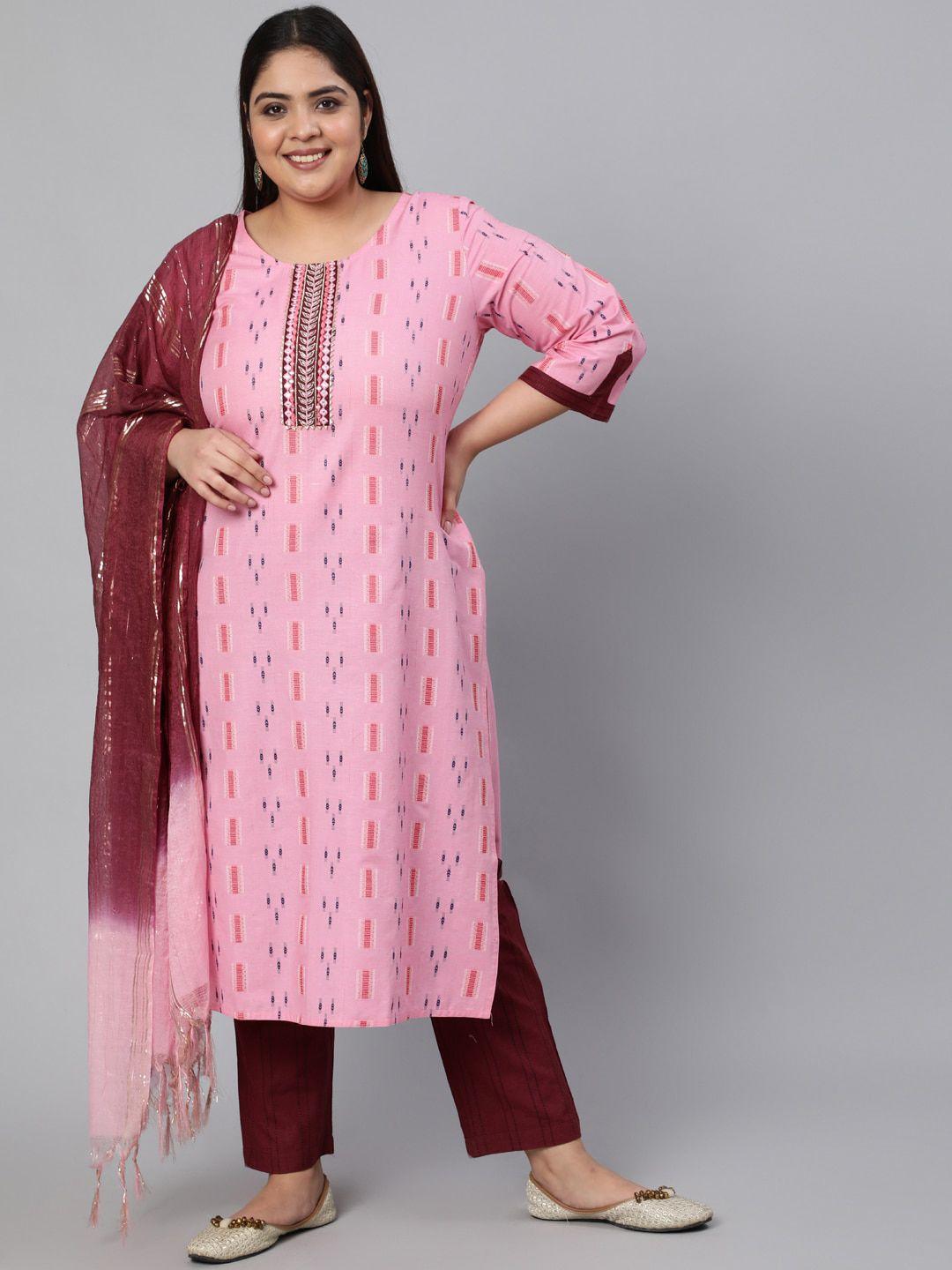jaipur-kurti-plus-size-women-pink-ethnic-motifs-printed-kurta-with-trousers-&-dupatta