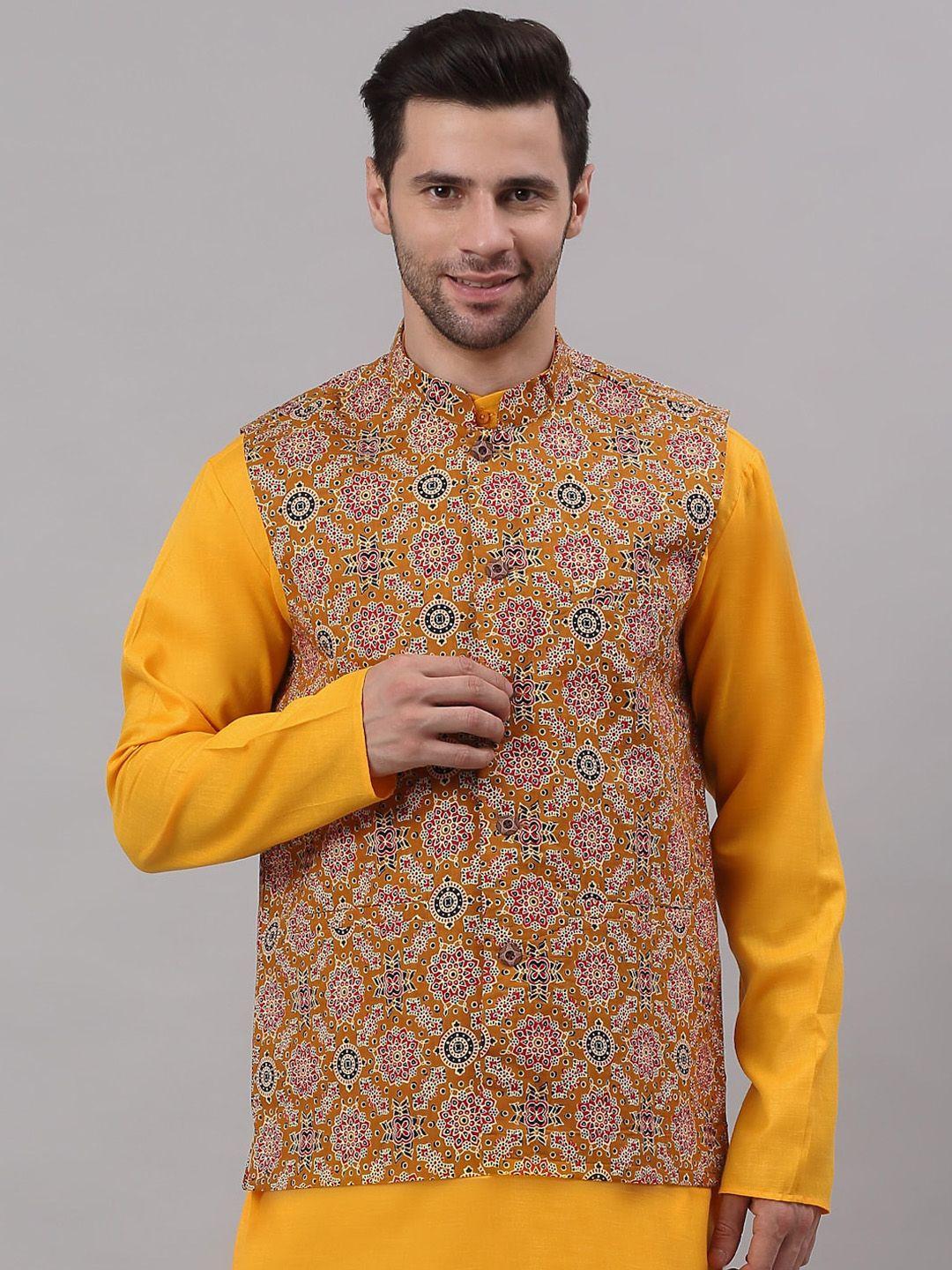 neudis-men-mustard-yellow-&-red-printed-cotton-woven-nehru-jacket