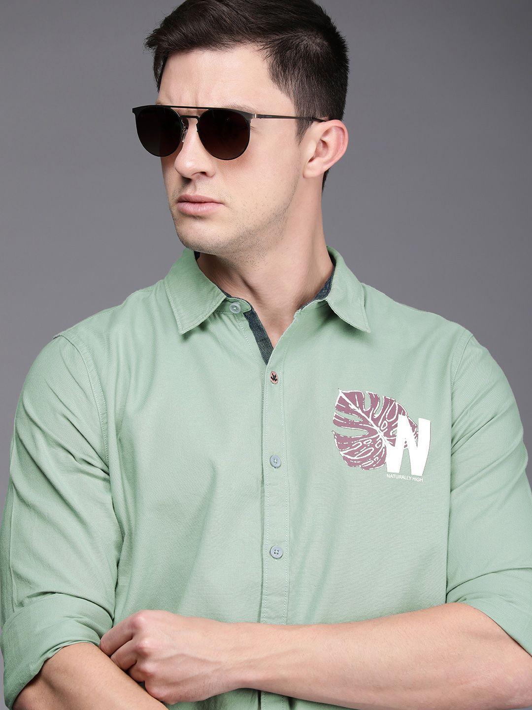 wrogn-men-olive-green-graphic-printed-slim-fit-pure-cotton-casual-shirt