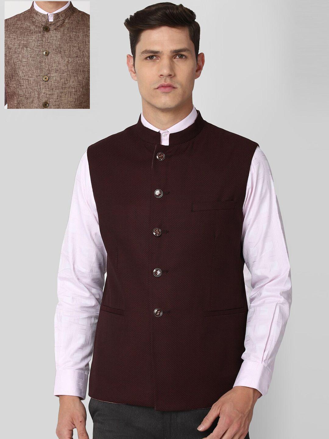 van-heusen-men-brown-woven-design-nehru-jacket
