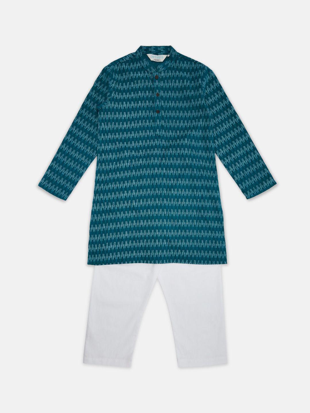indus-route-by-pantaloons-boys-teal-green-printed-pure-cotton-kurta-with-pyjamas
