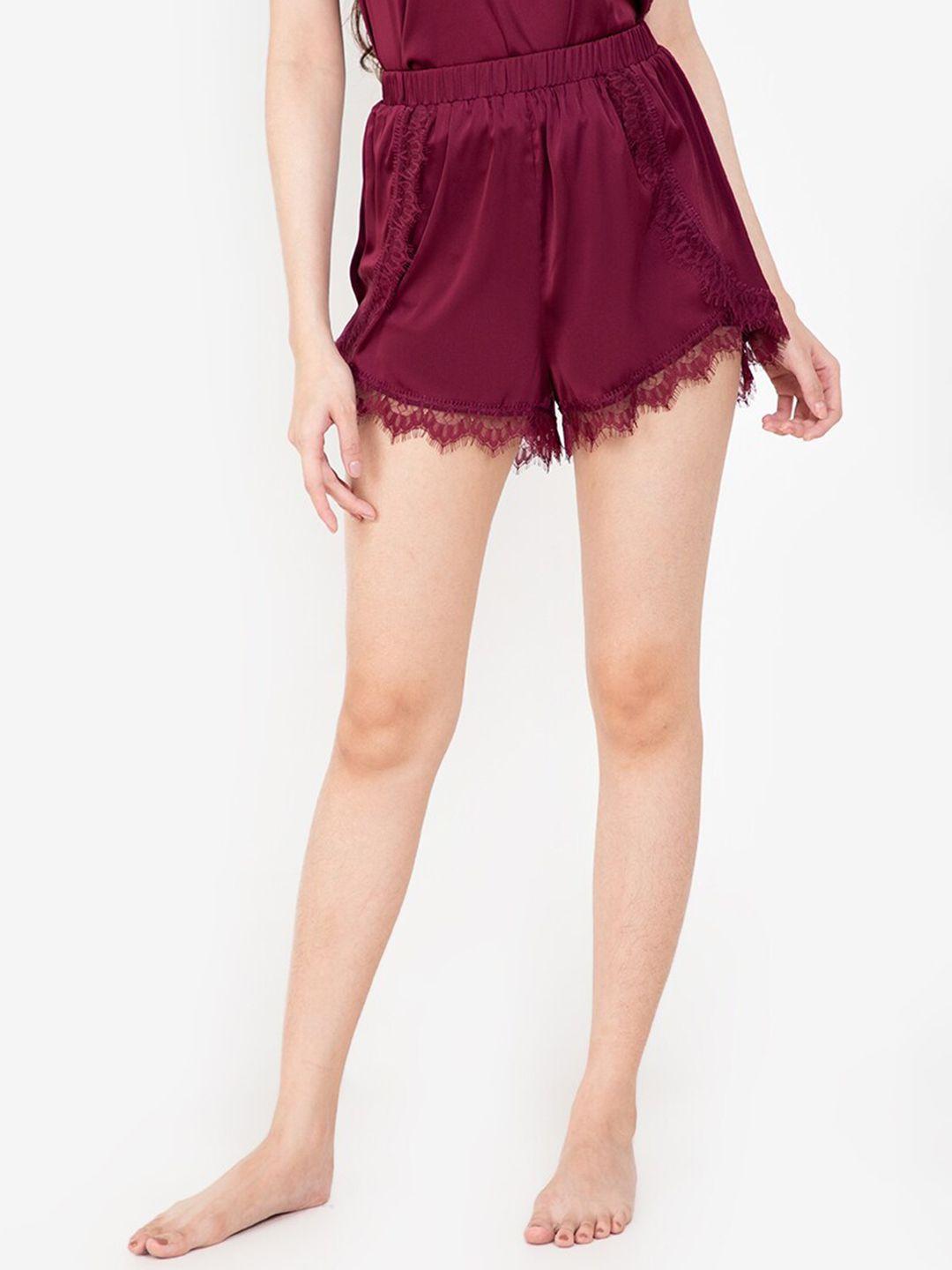 zalora-basics-women-maroon-high-rise-lace-inserted-lounge-shorts