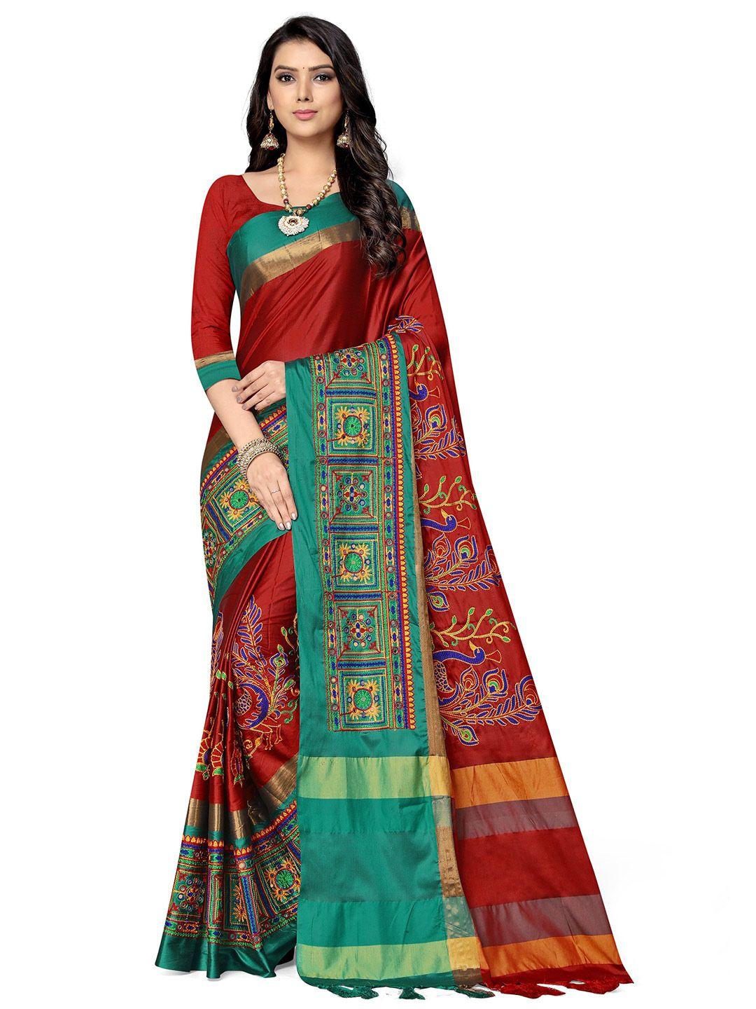 serona-fabrics-red-&-green-ethnic-motifs-embroidered-silk-cotton-saree