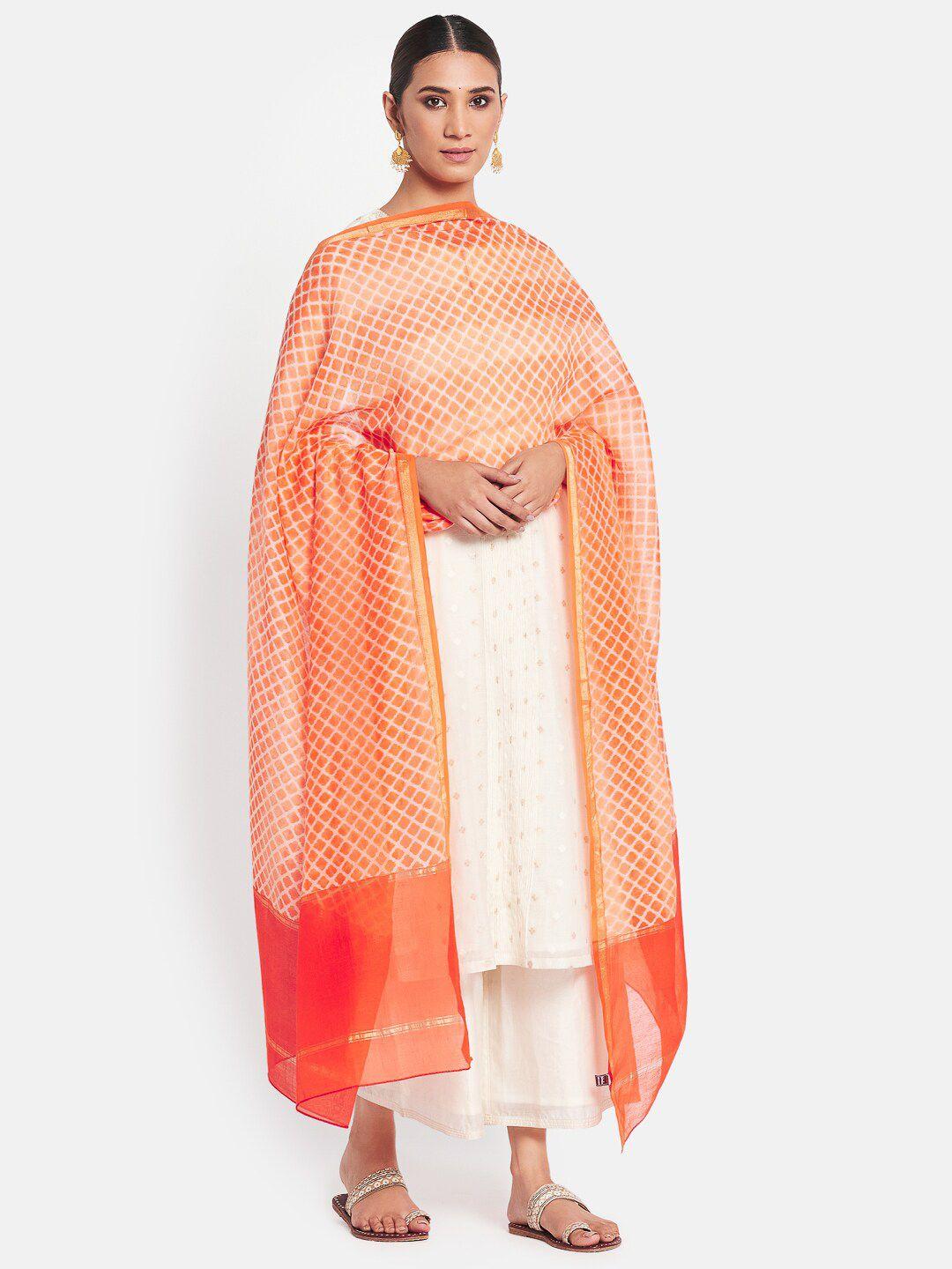 fabindia-orange-&-white-printed-cotton-silk-dupatta-with-zari