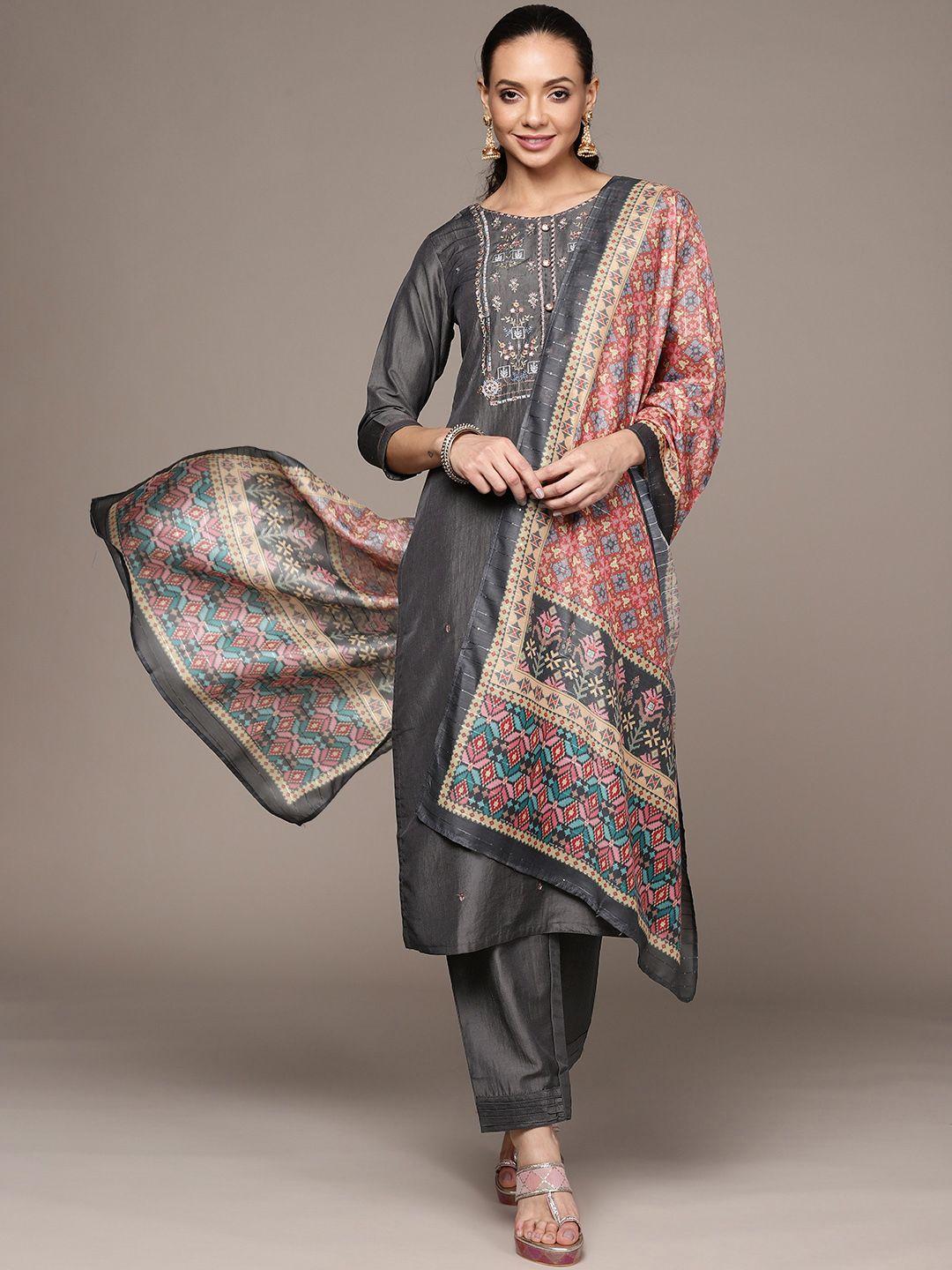 anubhutee-women-charcoal-black-ethnic-motifs-embroidered-kurta-with-trousers-&--dupatta