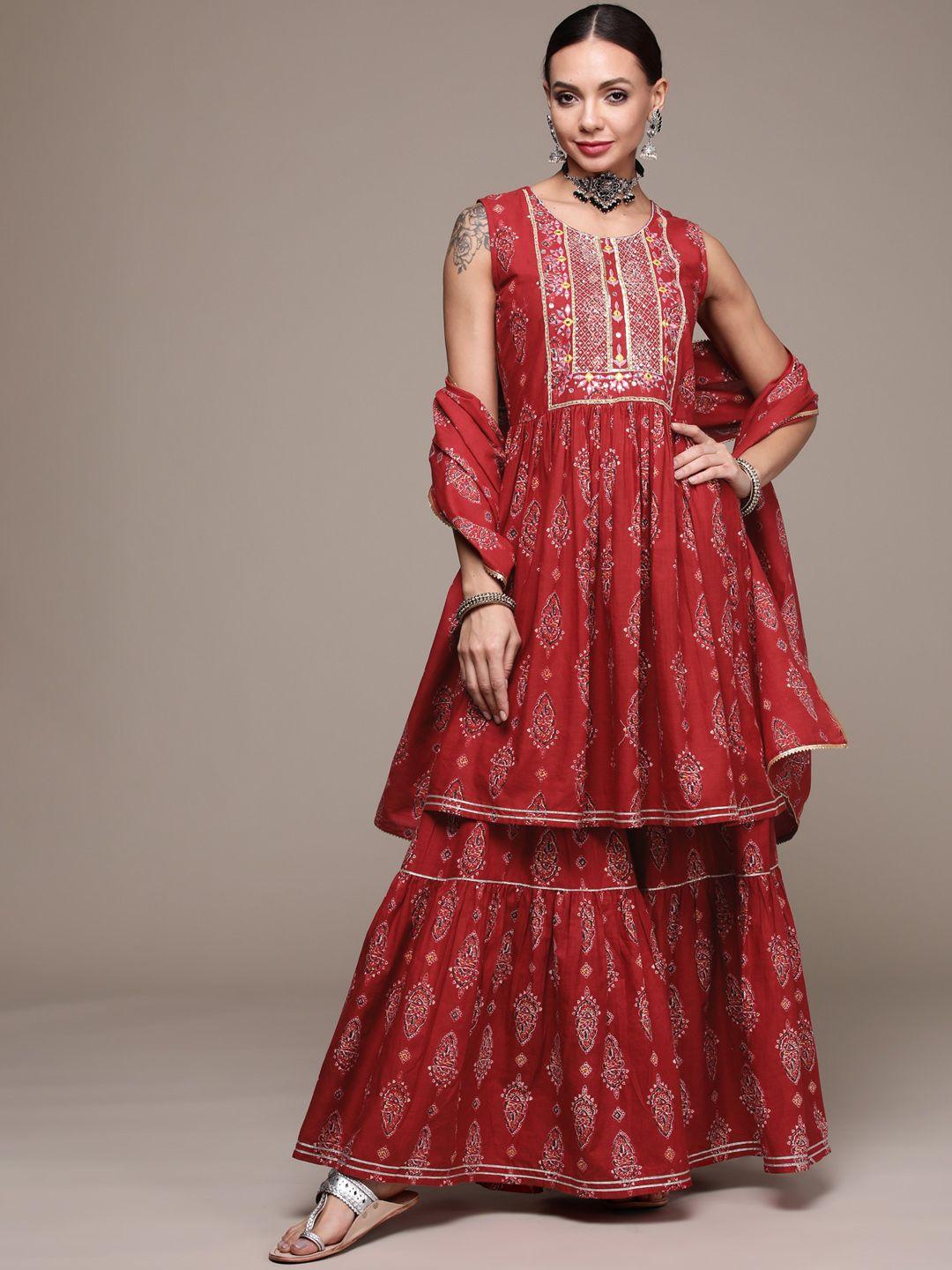 anubhutee-women-rust-red-printed-sequinned-pure-cotton-kurta-with-sharara-&-with-dupatta