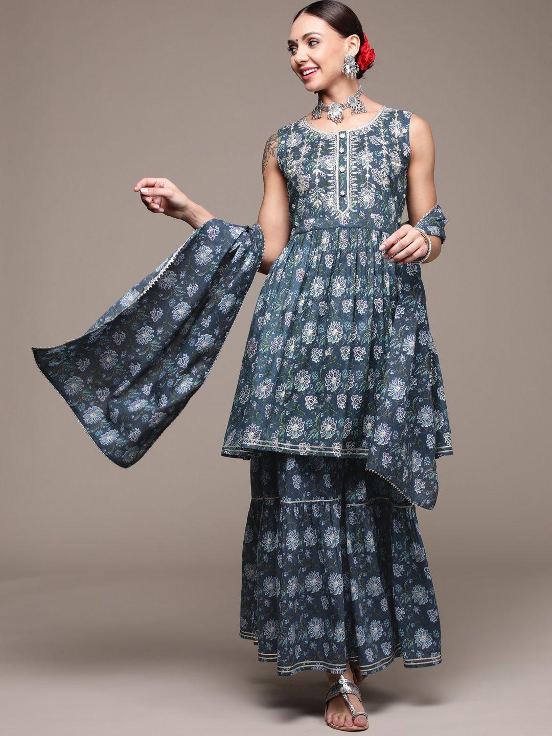 anubhutee-women-navy-blue-floral-printed-pure-cotton-kurta-with-sharara-&-with-dupatta