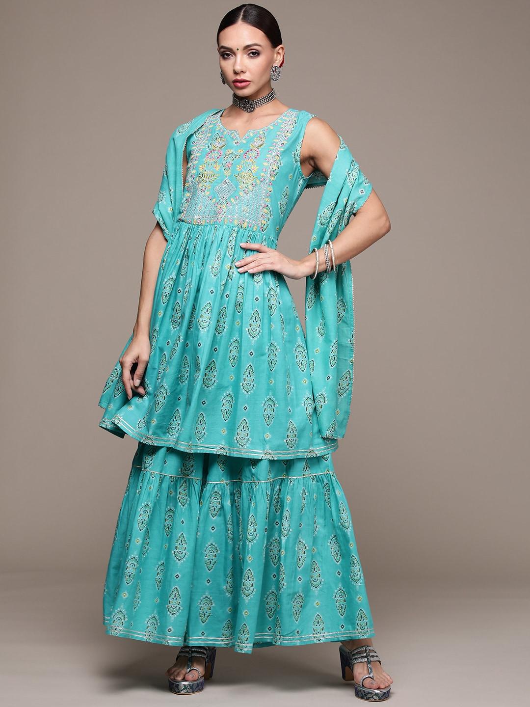 anubhutee-women-blue-ethnic-motifs-printed-pure-cotton-kurta-with-sharara-&-with-dupatta