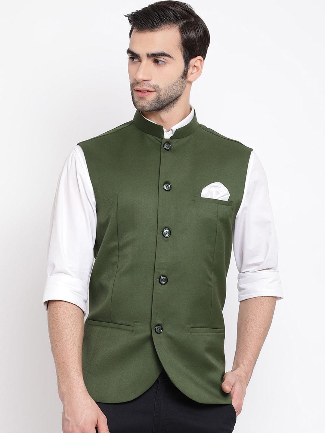 vastramay-men-green-solid-slim-fit-woven-nehru-jacket
