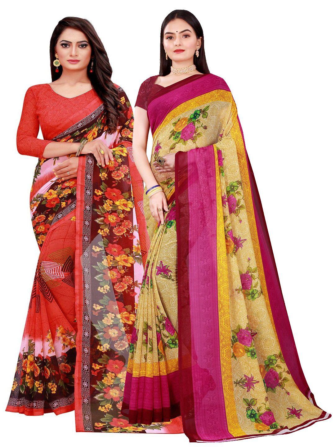 florence-set-of-2-red-&-pink-floral-pure-georgette-saree