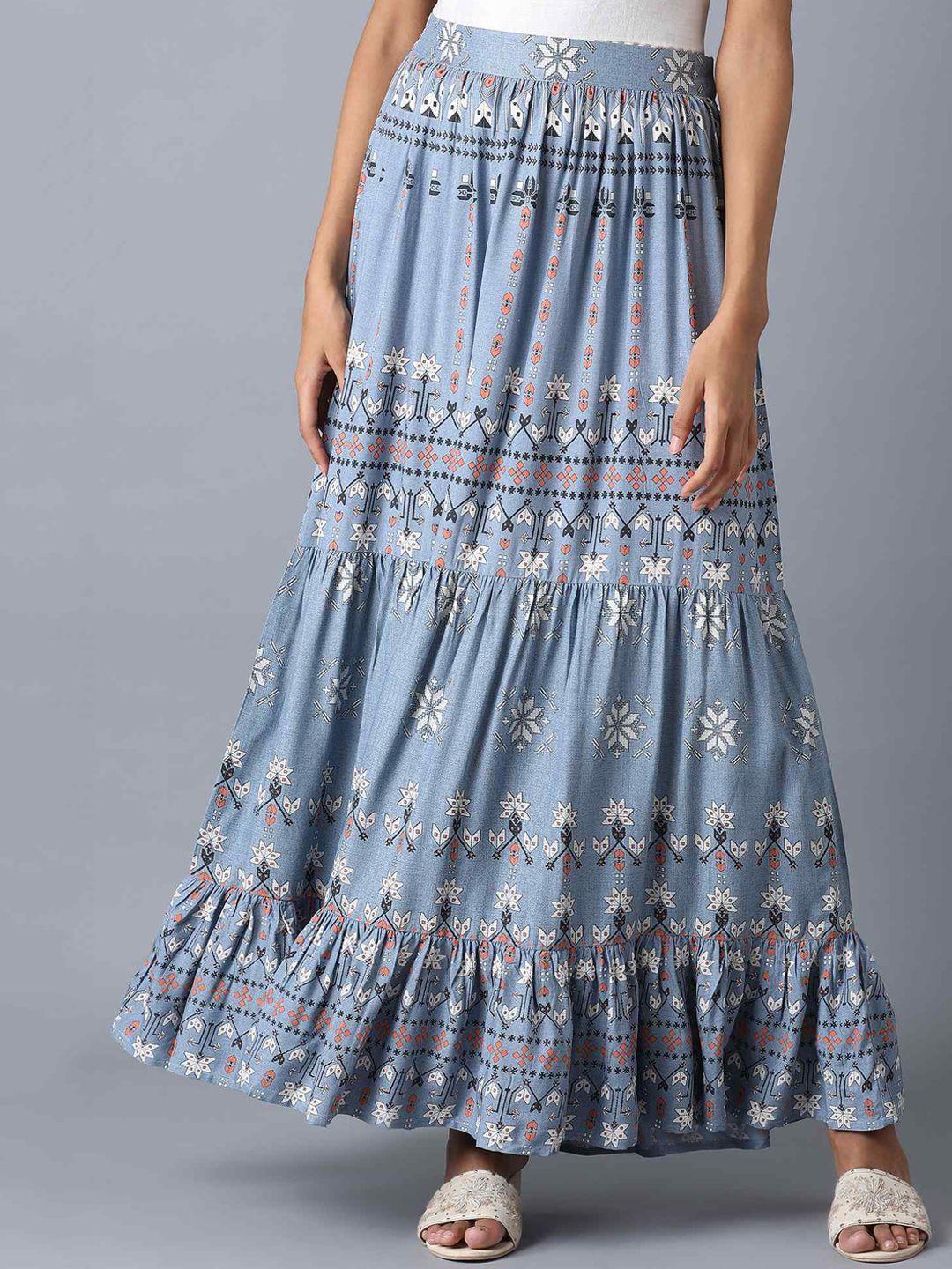 w-women-blue-printed-flared-skirt