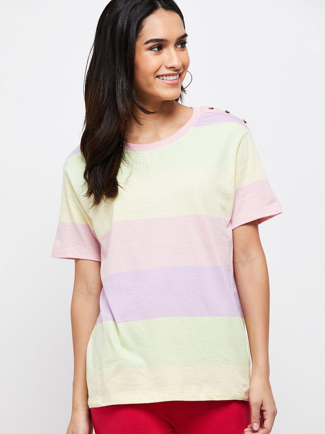 max-women-coral-&-yellow-striped-pure-cotton-t-shirt