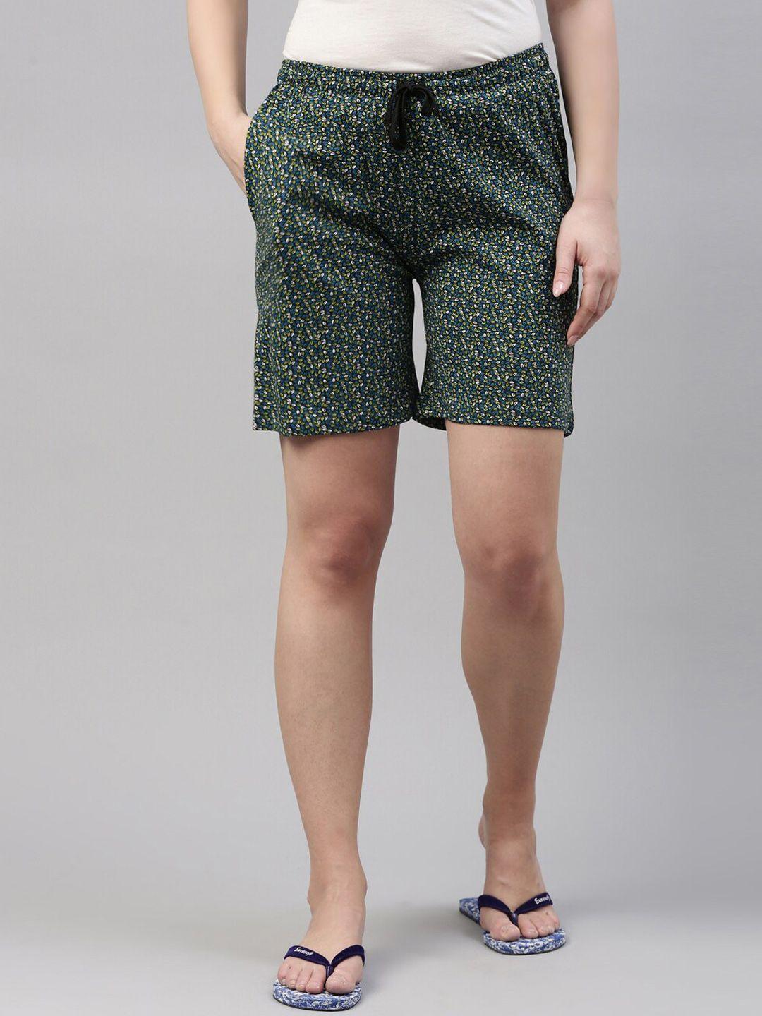 kryptic-women-olive-green-&-turquoise-blue-set-of-2-printed-shorts