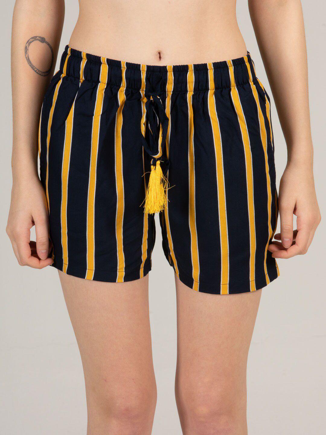 evolove-women-black-&-mustard-yellow-striped-lounge-shorts