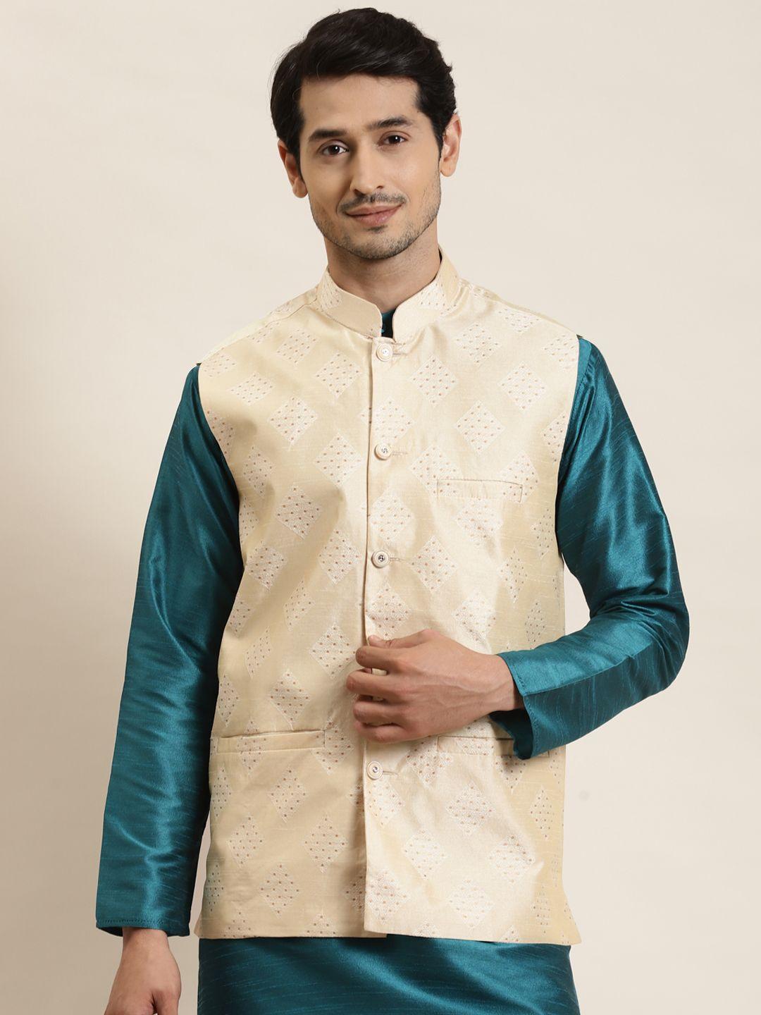sojanya-men-cream-&-golden-woven-design-nehru-jacket