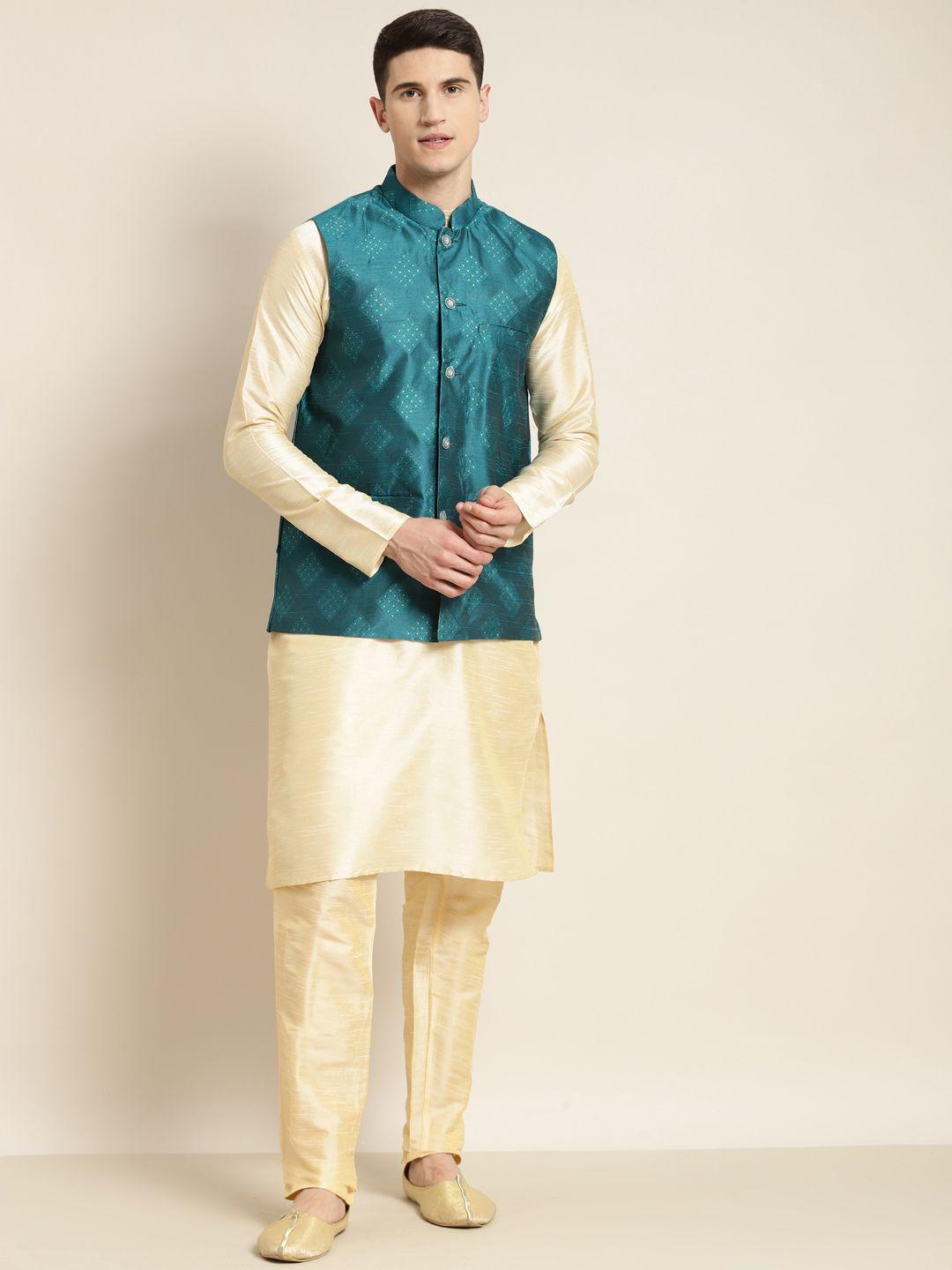 sojanya-men-teal-blue-&-golden-woven-design-nehru-jacket