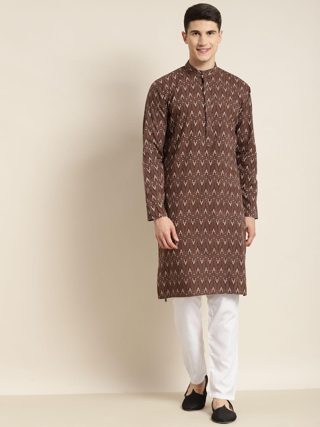 sojanya-men-brown-printed-pure-cotton-kurta-with-churidar