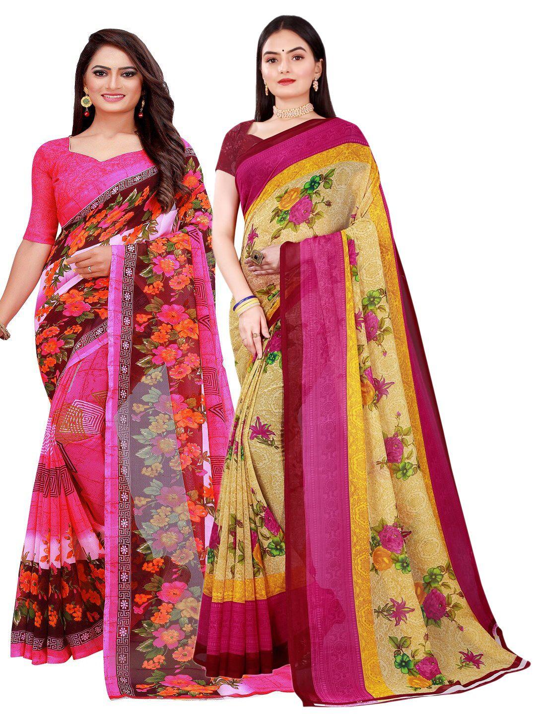saadhvi-women-pack-of-2-pink-&-green-floral-pure-georgette-saree
