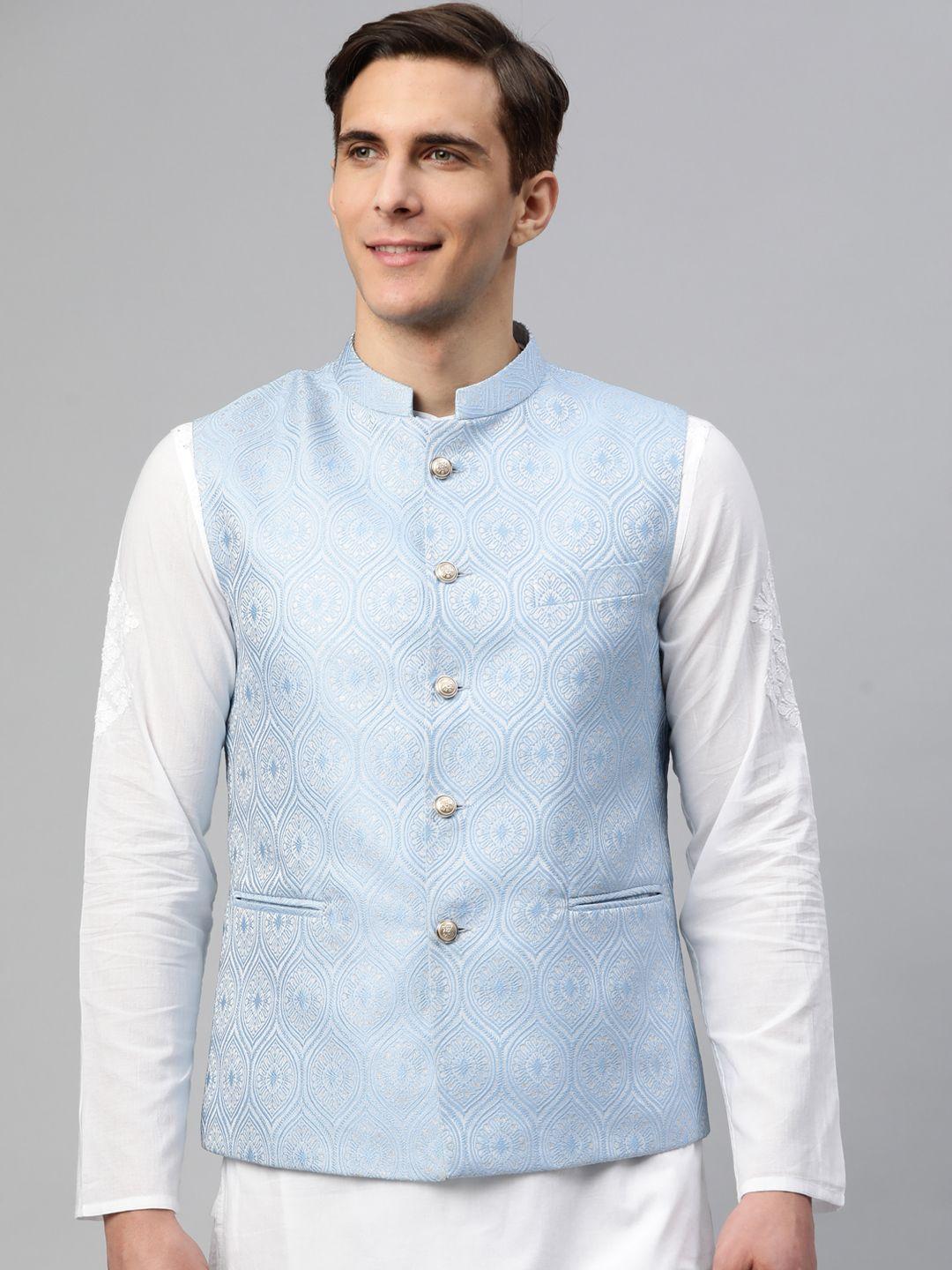 manq-blue-&-white-ethnic-motifs-jaquard-woven-design-nehru-jacket