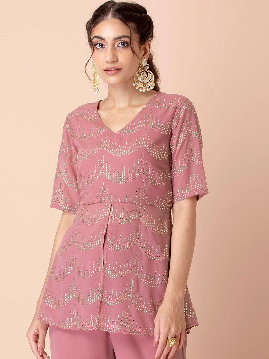 indya-women-pink-foil-printed-high-slit-short-kurti