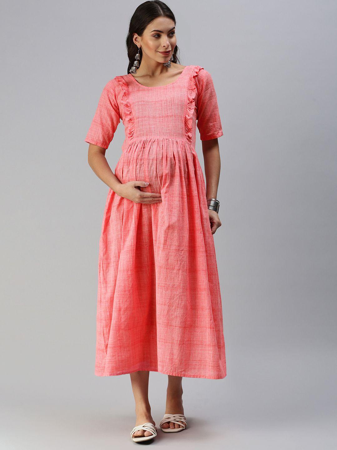 swishchick-pink-woven-design-handloom-maternity-a-line-midi-dress