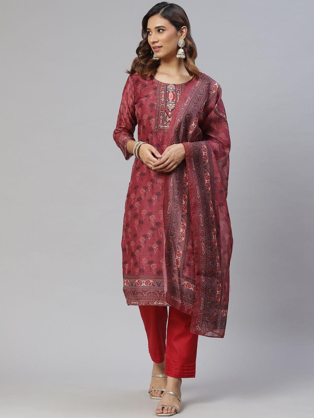 rajgranth-women-pink-floral-printed-sequinned-chanderi-silk-kurta-with-trousers-&-with-dupatta