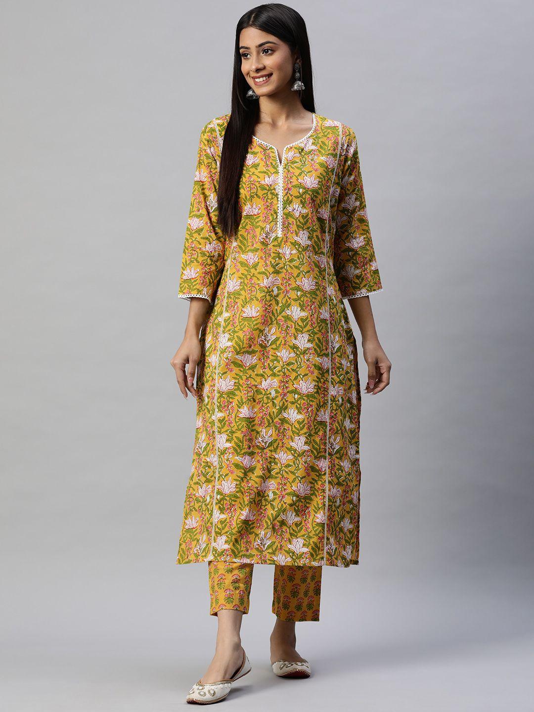 divena-women-mustard-yellow-ethnic-motifs-printed-sequinned-pure-cotton-kurta-with-trousers