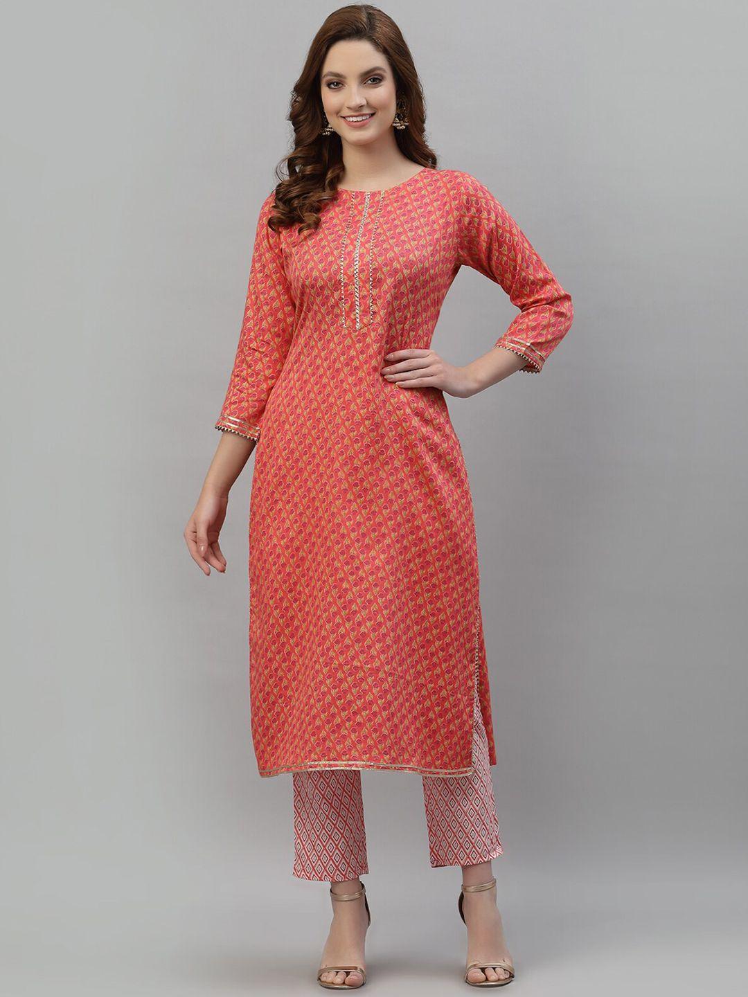 tankhi-women-orange-printed-chanderi-cotton-kurta-with-trousers