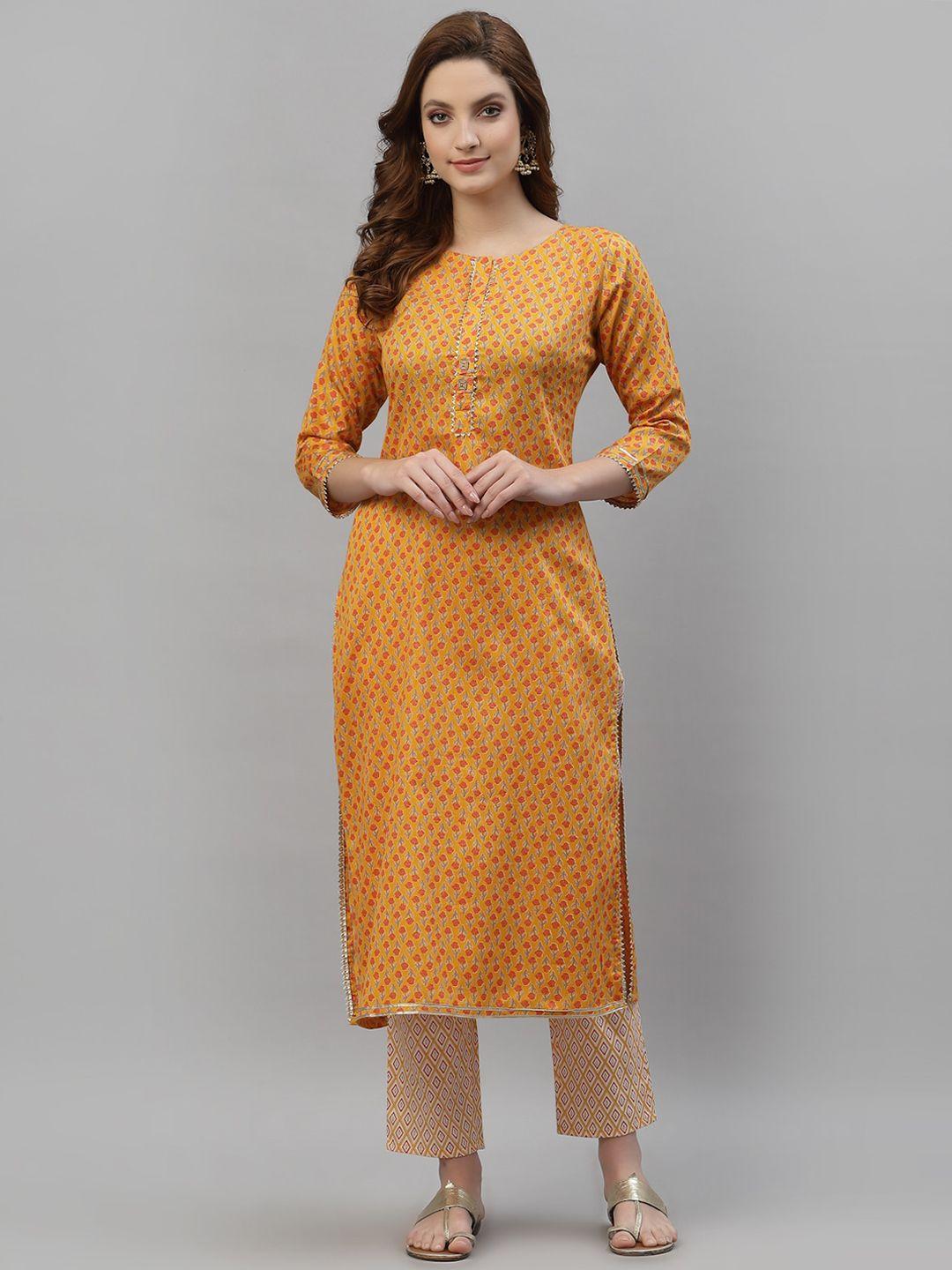 tankhi-women-yellow-floral-printed-chanderi-cotton-kurta-with-trousers