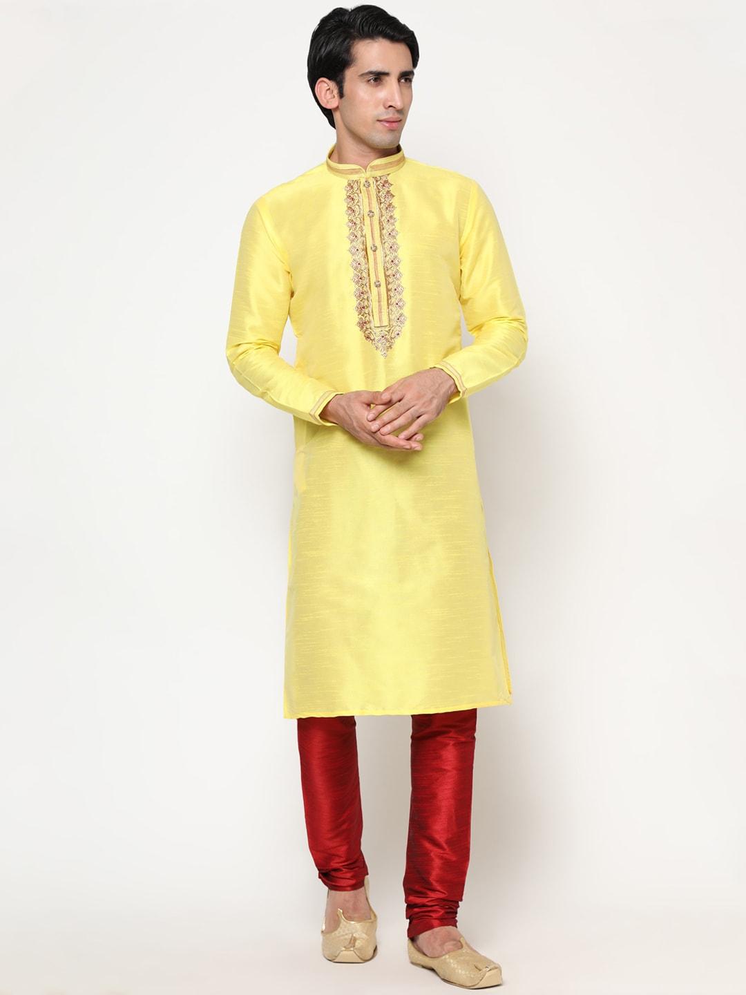 lagaav-men-yellow-solid-raw-silk-kurta-with-churidar