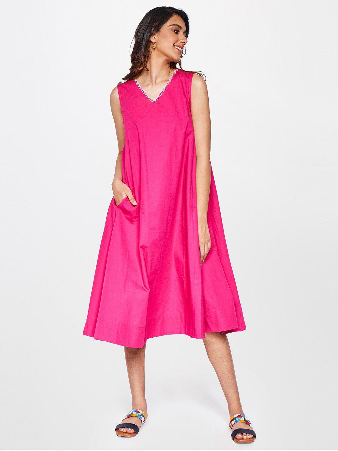 itse-women-pink-solid-a-line-cotton-midi-dress