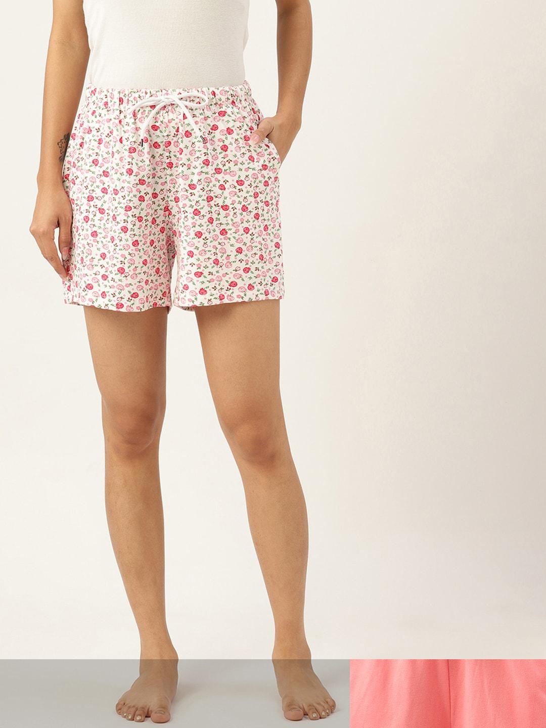 etc-women-coral-pink-&-white-2-cotton-lounge-shorts