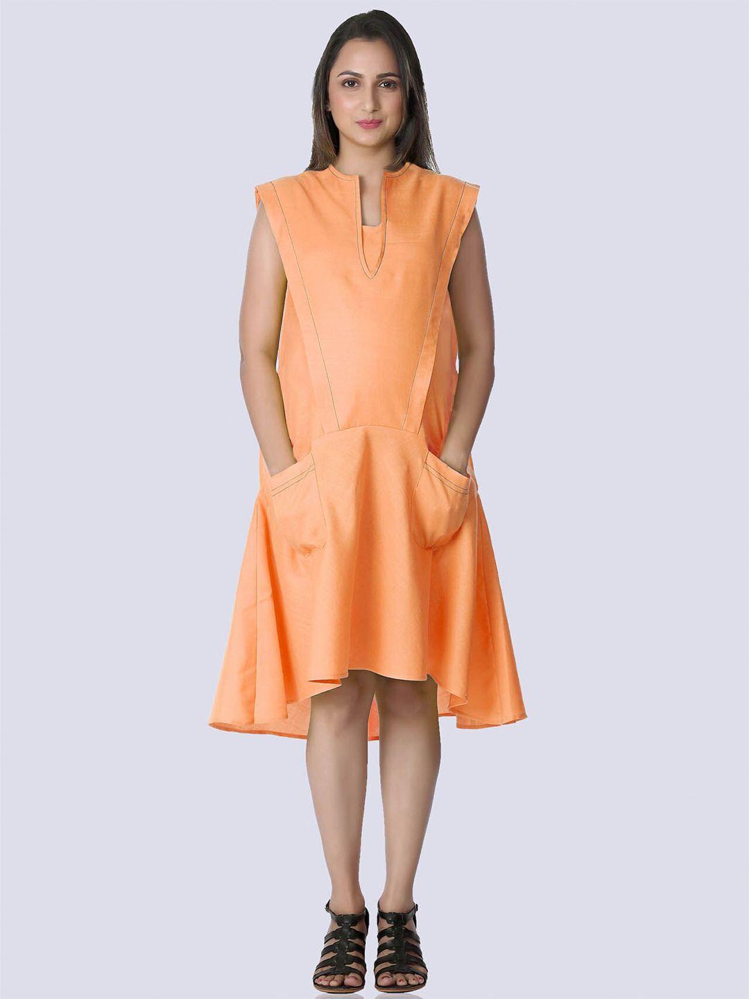 mom-for-sure-by-ketki-dalal-peach-coloured-linen-maternity-a-line-midi-dress