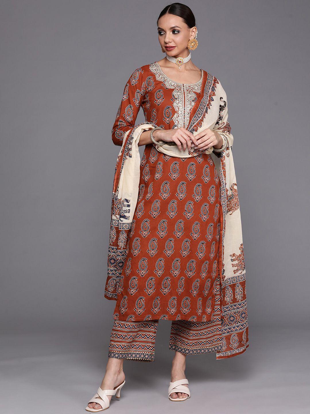 indo-era-women-rust-floral-printed-sequinned-kurta-with-palazzos-&-with-dupatta