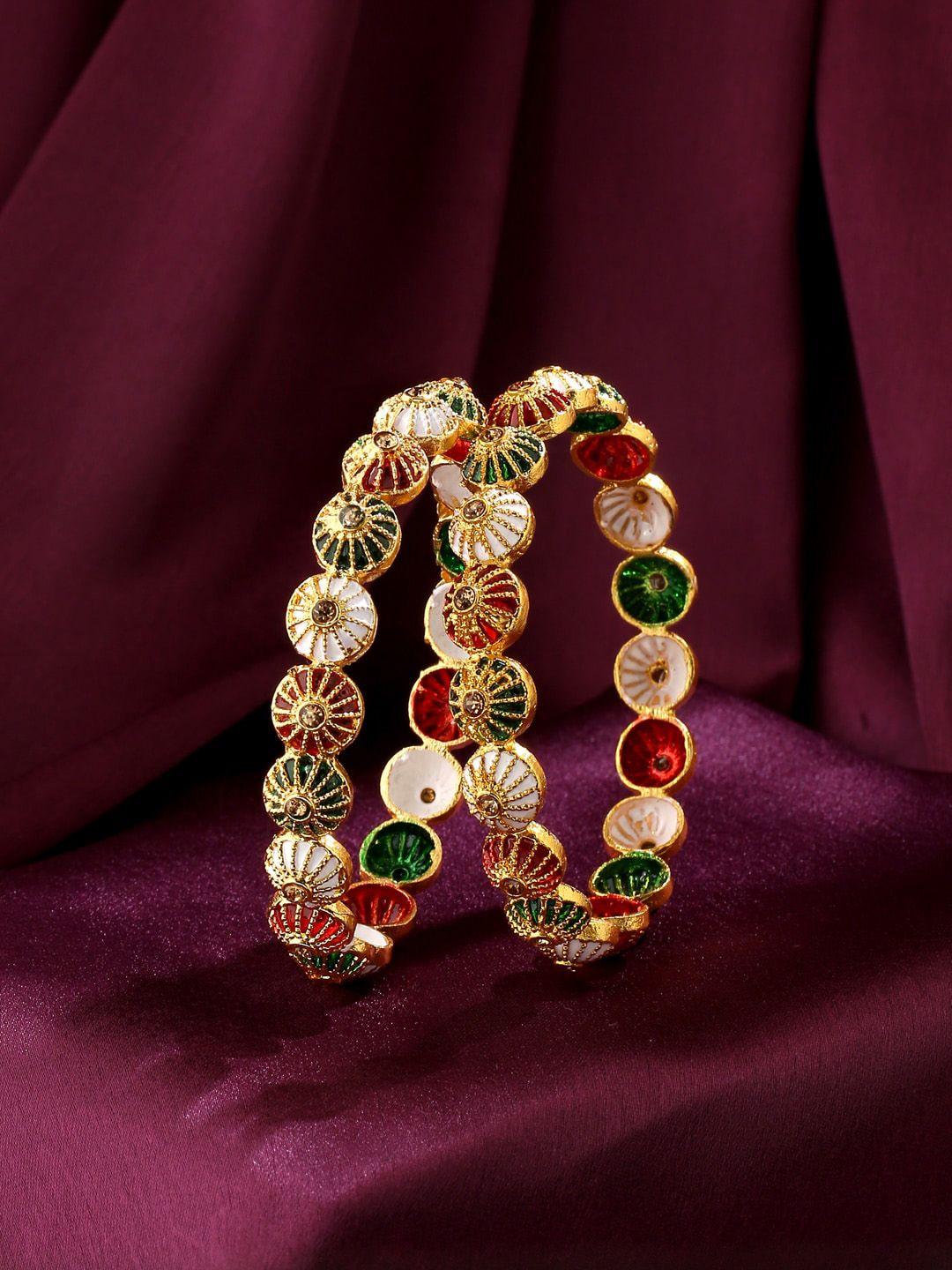 viraasi-women-set-of-2-gold-plated-red-&-green-enameled-handcrafted-bangle