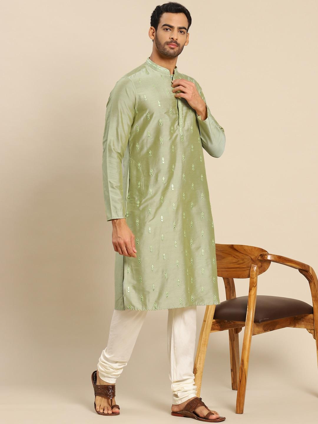 kisah-men-green-&-white-ethnic-motifs-embroidered-mirror-work-kurta-with-churidar