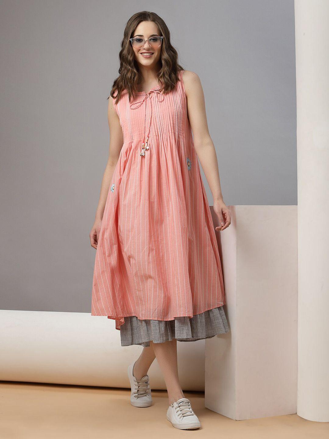 terquois-peach-coloured-striped-a-line-midi-dress