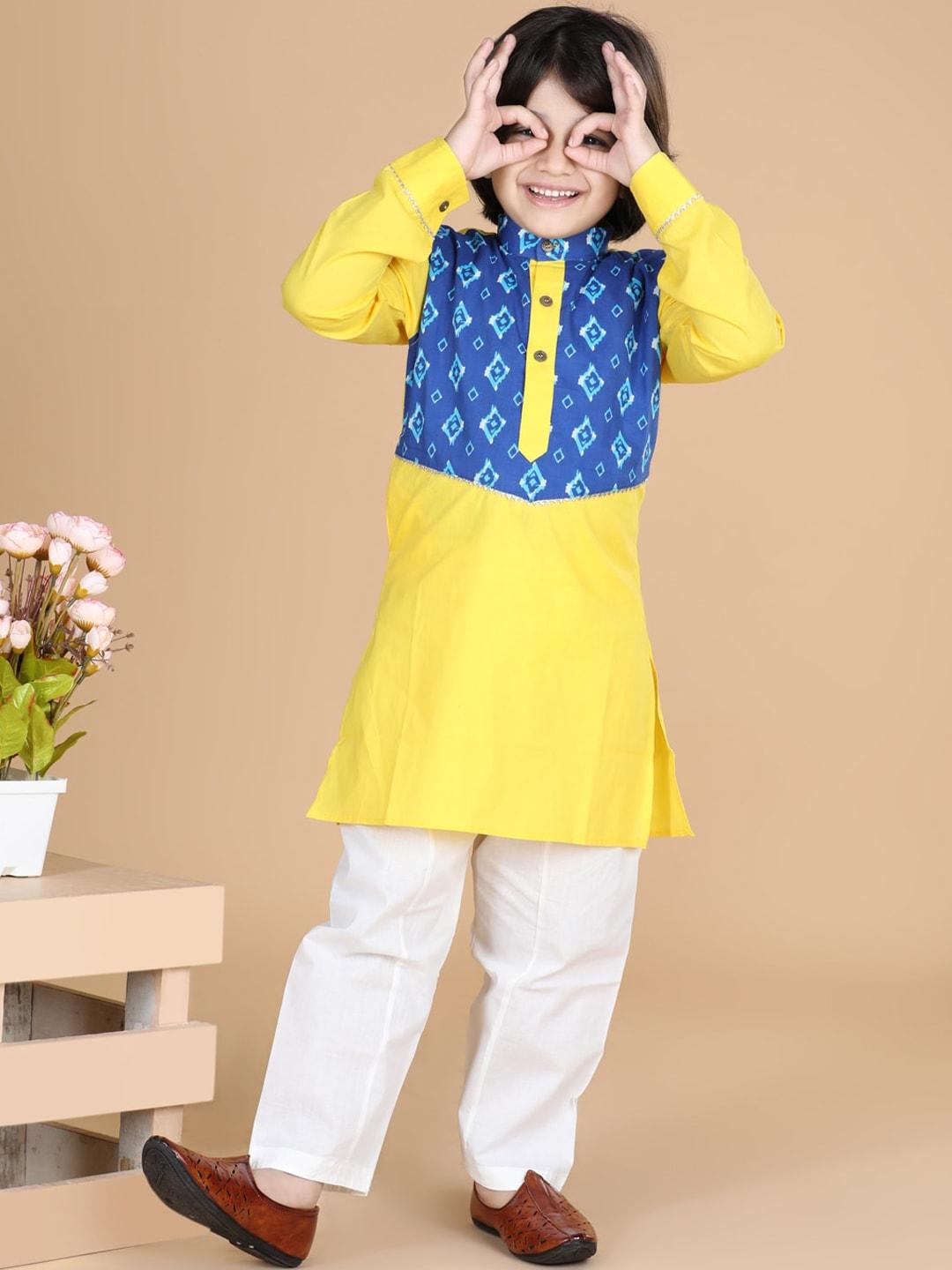 lil-pitaara-boys-yellow-&-white-printed-gotta-patti-pure-cotton-kurta-with-pyjamas