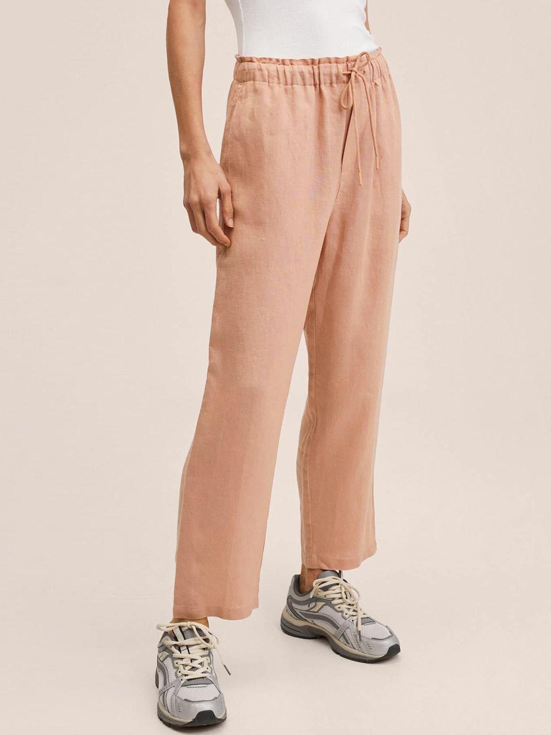 mango-women-peach-coloured-pure-linen-straight-fit-trousers