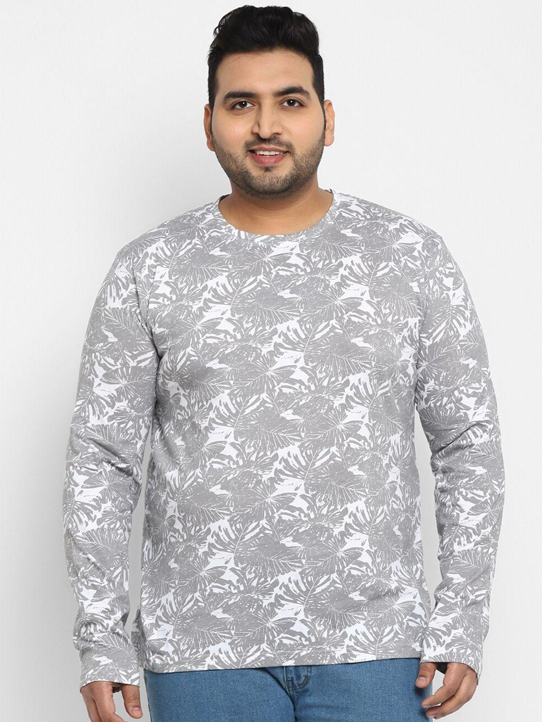 urbano-plus-men-plus-size-white-&-grey-floral-printed-tropical-cotton-t-shirt